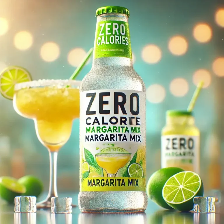 "Side-by-side comparison of two margarita bottles. The bottle on the left is labeled 'Traditional Margarita Mix' with a higher calorie count, and the bottle on the right is labeled 'Zero Calorie Margarita Mix' showing zero calories. The traditional mix has a richer color, while the zero-calorie version appears lighter, highlighting the calorie difference."