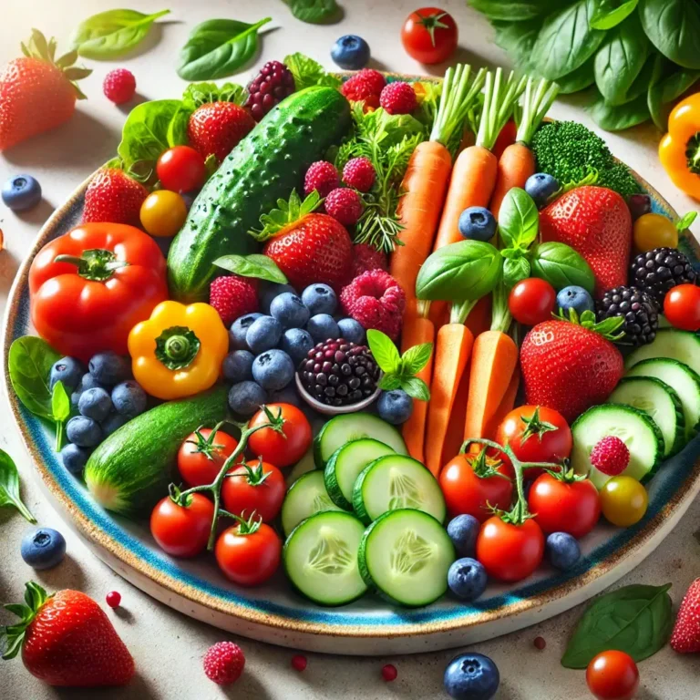 Image of a colorful plate filled with fruits and vegetables, showcasing a variety of cool calories