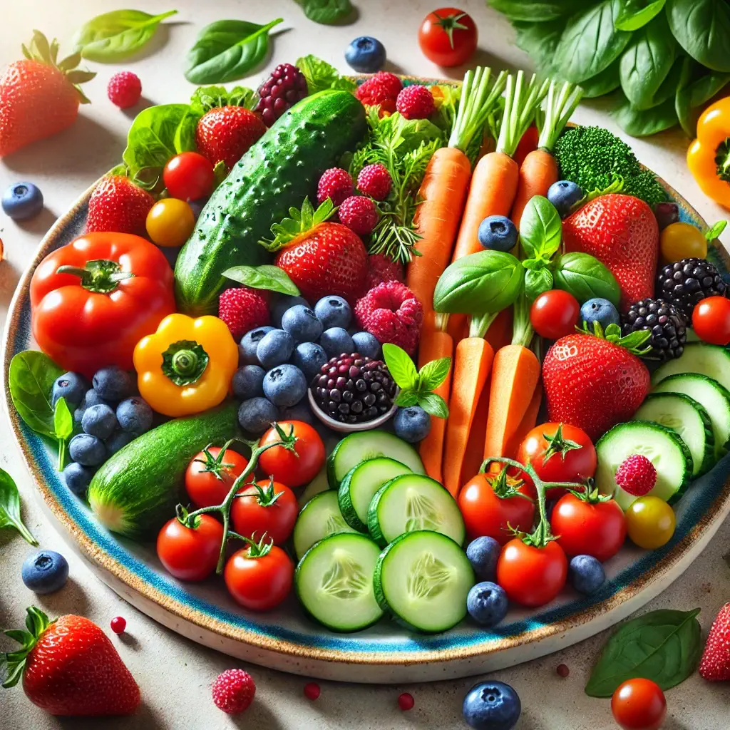 Image of a colorful plate filled with fruits and vegetables, showcasing a variety of cool calories