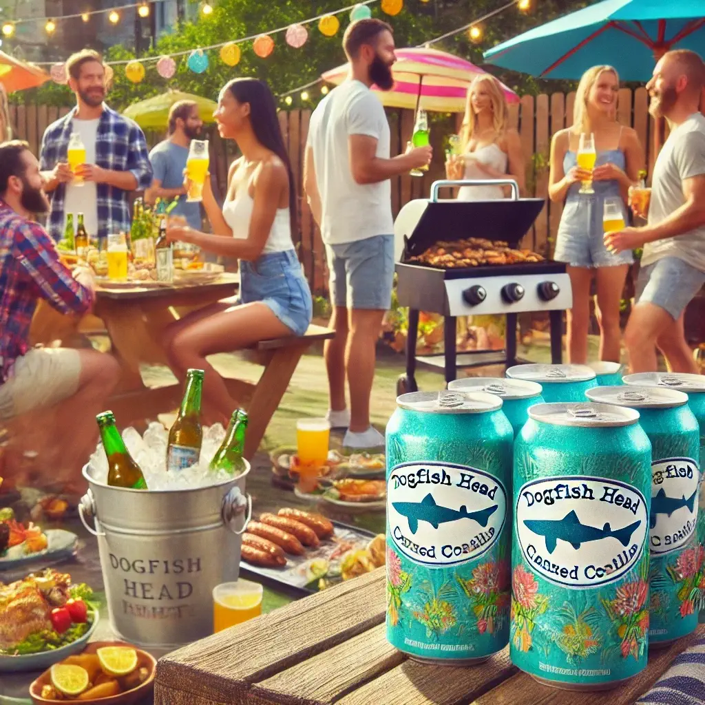 [Image: A vibrant summer barbecue scene with people enjoying Dogfish Head canned cocktails in the background.]