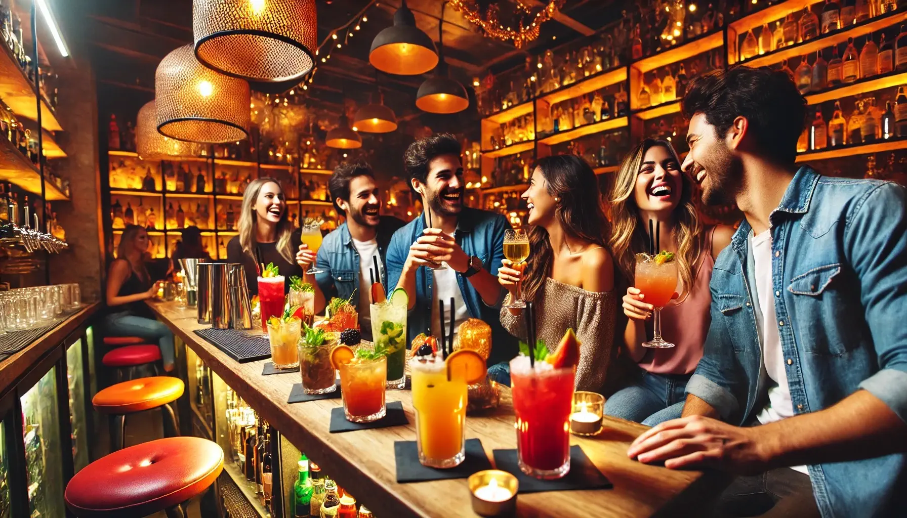 [Image: A vibrant bar scene with friends enjoying drinks, showcasing colorful non alcoholic beverages.]