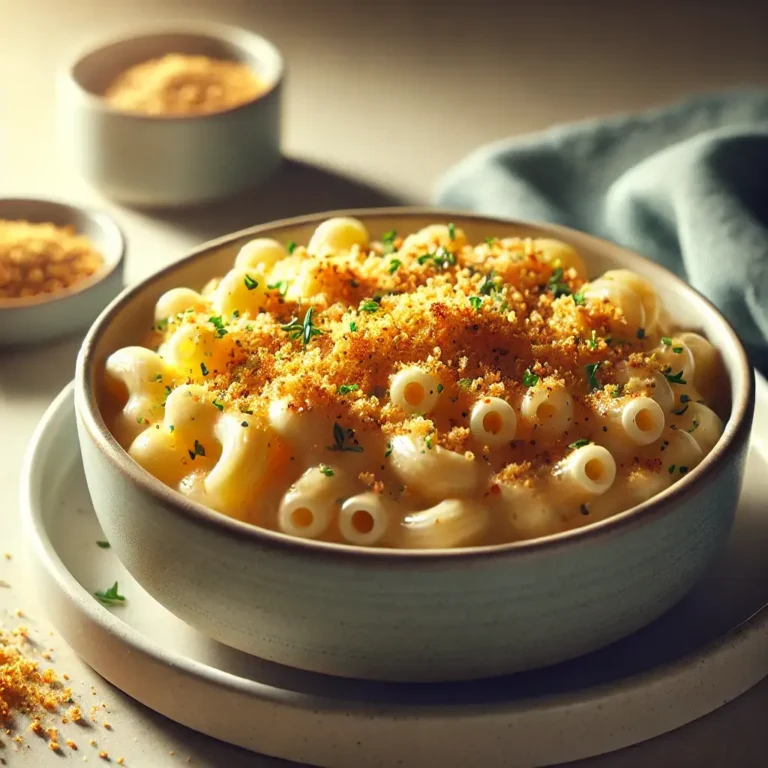 [A bowl of creamy mac and cheese with golden, baked breadcrumbs on top. The image should highlight a fit, balanced meal that looks indulgent but is packed with nutrition. Alt text: Low-calorie, high-protein mac and cheese in a bowl.]