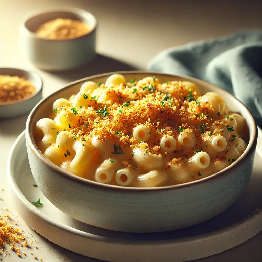 [A bowl of creamy mac and cheese with golden, baked breadcrumbs on top. The image should highlight a fit, balanced meal that looks indulgent but is packed with nutrition. Alt text: Low-calorie, high-protein mac and cheese in a bowl.]