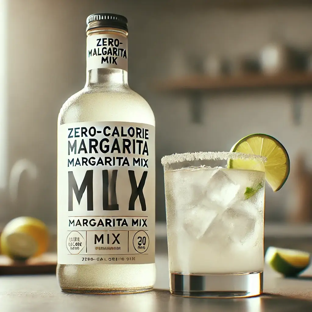 *[ A close-up shot of a bottle of zero-calorie margarita mix next to a glass filled with a fresh margarita on the rocks. Alt text: Margarita Mix Zero Calorie next to a refreshing margarita.] *