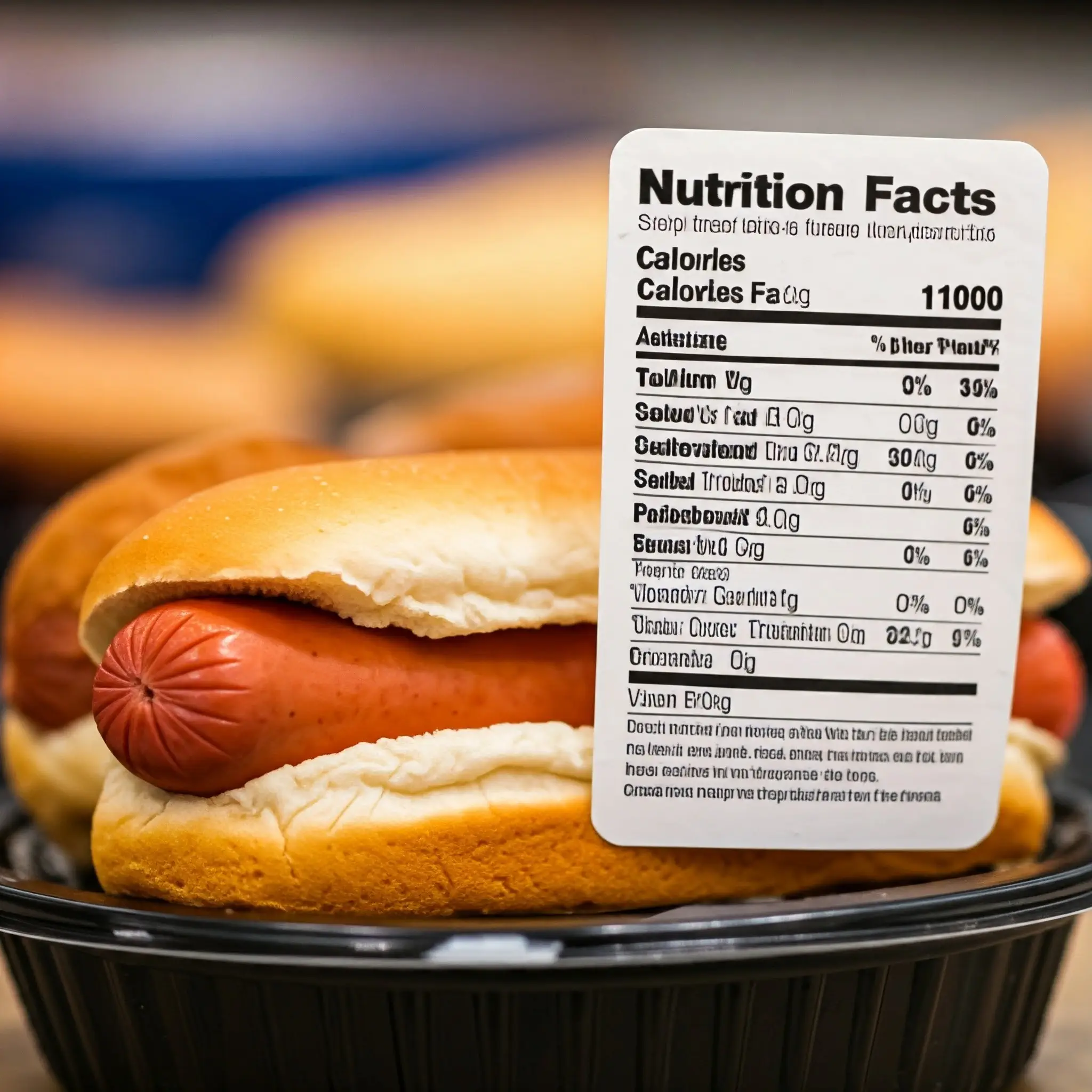 [A close-up photo of a Costco hot dog in a bun, placed next to a nutrition label showing calorie and fat content.]